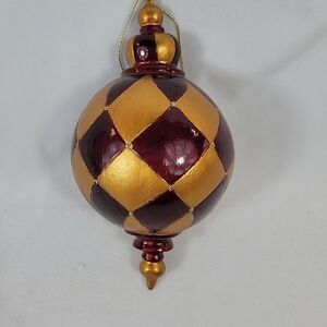 Gold & Burgundy Handpainted, Lightweight Hollow Wooden Ornament.